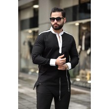 Fermuar Detaylı Hakim Yaka Asimetrik Kesim Uzun Kollu Erkek Slim Fit Gömlek