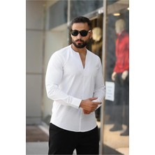 Erkek V Kesim Hakim Yaka Slim Fit Sade Tasarım Uzun Kollu Gömlek