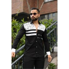 Erkek Slim-Fit Ay-Yıldız Taş Işlemeli Nakışlı Premium Tasarım Lüks Gömlek