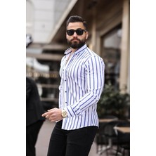 Erkek Slim Fit Çizgili Gömlek Likralı Dar Kesim Şık Günlük Gömlek (Beyaz & Mavi / Beyaz & Siyah)