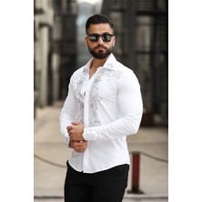 Damla Motifli Slim Fit Erkek Taş Işlemeli Klasik Yaka Gömlek