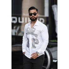 Taç Desenli Slim Fit Beyaz Erkek Taş Işlemeli Gömlek