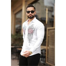 Erkek Gül Motifli Taş Detaylı Slim Fit Özel Tasarım Gömlek