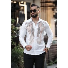 Aslan Figürlü Özel Tasarım Erkek Beyaz Slim Fit Gömlek Taş Detaylı