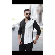 Erkek Slim-Fit Tek Taraf Asimetrik Ince Çizgili Panel Detaylı Gömlek