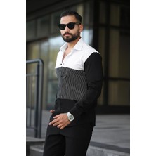 Siyah Beyaz Gri 3 Bölmeli Çizgili Slim Fit Erkek Gömlek