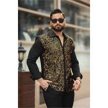 Erkek Payet Detaylı Slim Fit Siyah Uzun Kollu Sahne ve Gece Gömleği