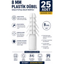Dünya Sünger 25 Adet 8 mm Plastik Dübel | Beyaz Duvar Dübeli | Beton, Tuğla ve Briket Için Güçlü Sabitleme Dübeli