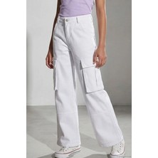 Escabel Kız Çocuk Gabardin Pantolon Kargo Cep Detaylı 10-14 Yaş, Beyaz