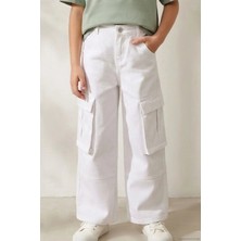 Escabel Kız Çocuk Gabardin Pantolon Kargo Cep Detaylı 5-9 Yaş, Beyaz