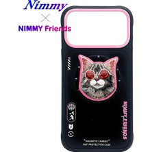 Nimmy Nımmy Friends 17 Pro 3D Nakış Işlemeli Kedi Desen Detaylı  Değiştirilebilir 3D Socket Aparatlı Magsafe Kılıf Siyah