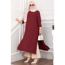 Md Yırtmaç Detaylı Uzun Tunik Pantolon Takım Bordo