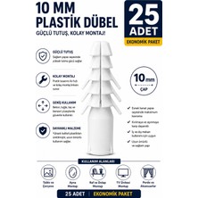 Dünya Sünger 25 Adet 10 mm Plastik Dübel | Beyaz Duvar Dübeli | Beton, Tuğla, Gaz Beton ve Briket Için Güçlü Sabitleme Dübeli