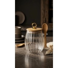 Lumindra Borosilikat Cam Halka Kapaklı Çizgili Kaşıklı Cam Kavanoz Mutfak Seti 650 ml