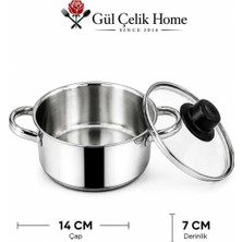 Gül Mutfak Cam Kapaklı Mini Paslanmaz Tencere Yükseklik 7cm Genişlik 14 cm