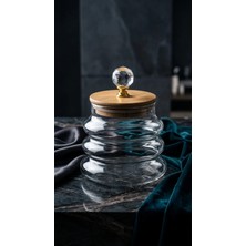Lumindra Kristal Kulplu Bambu Kapaklı Dalgalı Borosilikat Cam Kavanoz 400ML - Lüks Mutfak & Banyo Saklama Kabı