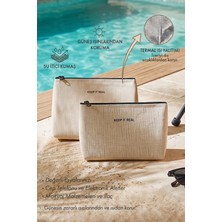 Ocean Home Textile 2'li Termal Astarlı Su Itici Leke Tutmaz Jüt Keten Makyaj Çantası Seti 22 x 14 / 23 x 16 x 7 cm