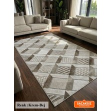 Dinarsu Krem Bej Modern Yıkanabilir Kabartmalı Kaymaz Taban Kesme Halı Yolluk
