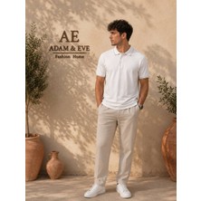 Adam & Eve Fashion Erkek Beyaz Kahverengi Kontrast Biyeli Düğmeli Polo Yaka Kısa Kollu Regular Fit Tişört