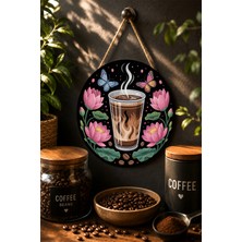 Mayeka Lotus ve Kelebek Desenli Soğuk Kahve Illüstrasyon Yuvarlak Mdf Tablo
