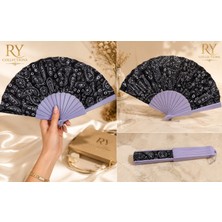 Ry Collections Şal Desenli (Paisley) Siyah Kumaş Akerdeon Katlanır El Yelpazesi