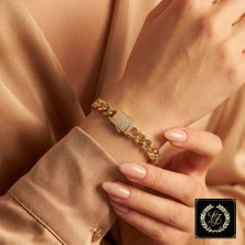 cm Jewelry Vıp Seri 316L Çelik 14K Gold Renk Taşlı Kilitli Kalın Gurmet Bileklik 1cm 19CM