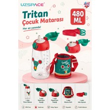 Uzspace 480ML Kılıflı Iki Ayrı Kapaklı Pipetli/pipetsiz Taşıma Askılı Tritan Çocuk Su Matarası