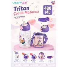 Uzspace 480ML Kılıflı Iki Ayrı Kapaklı Pipetli/pipetsiz Taşıma Askılı Tritan Çocuk Su Matarası