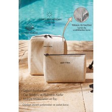 Ocean Home Textile 2'li Termal Astarlı Su Itici Leke Tutmaz Jüt Keten Makyaj Çantası Seti 19 x 13 x 7 / 20 x 21 x 11 cm