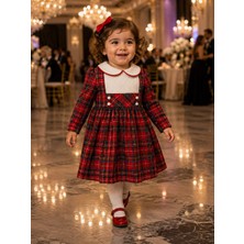 Mummys Love Kız Çocuk Ekoseli Bebe Yakalı Elbise ve Saç Bandı - %100 Doğal Pamuk - Kırmızı