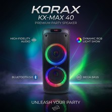 Korax Kx-Max 40 450W Akülü Taşınabilir Parti Hoparlörü - Kablosuz Mikrofonlu, Tws, LED Işıklı Karaoke Ses Sistemi