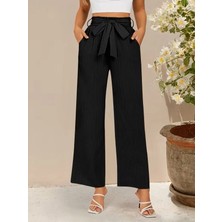 Mareandpanda Kadın Yüksek Bel Lastikli Bağcıklı Uzun Geniş Kesim Detaylı Krinkıl Pantolon