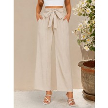Deridün Yıldız Shoes Kadın Yüksek Bel Lastikli Bağcıklı Uzun Geniş Kesim Detaylı Krinkıl Pantolon
