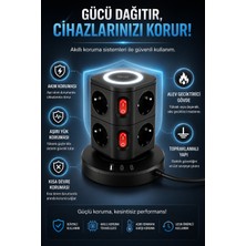 Merwish Akım Korumalı Kule Priz, 3680W 16A, 8 Topraklamalı Ac Priz, 1 Usb-A, 2 Type-C, Üst LED Aydınlatmalı Masaüstü Çoklu Priz