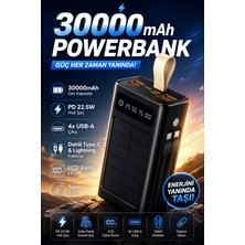 Merwish 30000 Mah Solar Powerbank 22.5W Pd Hızlı Şarj LCD Ekranlı 4 USB Çıkışlı Dahili Type-C ve Lightning Kablolu Taşınabilir Şarj Cihazı