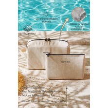 Ocean Home Textile 2'li Termal Astarlı Su Itici Leke Tutmaz Jüt Keten Makyaj Çantası Seti 19 x 13 x 7 / 25 x 15 x 12.5 cm