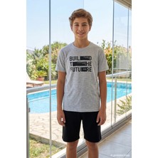 Remsa Genç Erkek Çocuk Siyah Yazı Detay Kısa Kol Şortlu Pijama Takımı 4351 Gri