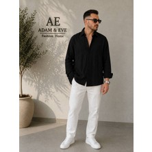 Adam & Eve Fashion Erkek Siyah Beyaz Yeşil Dokulu Düğmeli Yaka Uzun Kollu Rahat Kalıp Gömlek