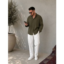 Adam & Eve Fashion Erkek Siyah Beyaz Yeşil Dokulu Düğmeli Yaka Uzun Kollu Rahat Kalıp Gömlek