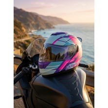Caspiano Vento Premium Çene Açılır Kask Güneş Vizörlü Blue Pink Ece 22.06 Sertifikalı