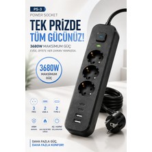 Merwish Akım Korumalı Çoklu Priz 3680W 16A 230V, 3 Topraklı Priz, 2 Usb-A, 2 Type-C, 17W Şarj, Aç/kapat Anahtarlı Ps-3