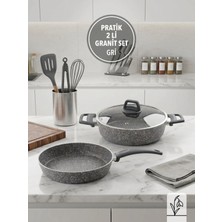Fms PRATİK GRİ 2'Lİ GRANİT SET | YANMAZ YAPIŞMAZ YÜZEY | 26 CM TENCERE + 26 CM TAVA |