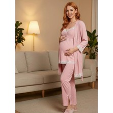 Lohussa Yeni Sezon Pembe Ribana Askılı Dantelli Yazlık Lohusa Hamile Sabahlık Şort Pijama Takımı 4'lü Set