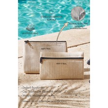 Ocean Home Textile 2'li Termal Astarlı Su Itici Leke Tutmaz Jüt Keten Makyaj Çantası Seti 19 x 13 x 7 / 23 x 16 x 7 cm