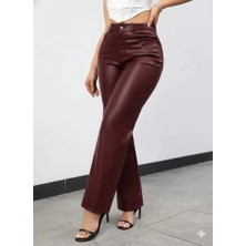 Lune Store Kadın Yüksek Bel Cepli Deri Pantolon