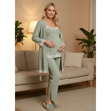 Lohussa Yeni Sezon Yeşil Ribana Askılı Dantelli Yazlık Lohusa Hamile Sabahlık Şort Pijama Takımı 4'lü Set