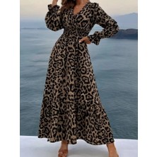 Lune Store Kadın Uzun Kollu Kruvaze Yaka Leopar Desenli Uzun Süprem Elbise