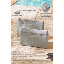 Ocean Home Textile 2'li Termal Astarlı Su Itici Leke Tutmaz Gri Renk Jüt Keten Makyaj Çantası Seti 22 x 14 / 23 x 16 x 7 cm