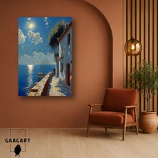 Gaagart Tekli Dikey Kanvas Tablo Ay Işığında Deniz Kıyısı ve Beyaz Ev Manzarası