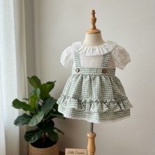 Little Cloud Kız Çocuk Ekose Askılı Elbise ve Beyaz Fırfır Yakalı Bluz 2'li Takım